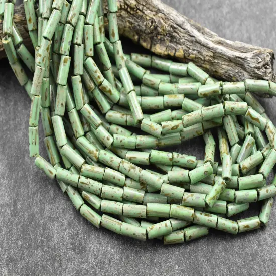 9x4mm Opaque Turquoise Picasso Czech Bugle Beads (21" Strand) {4}