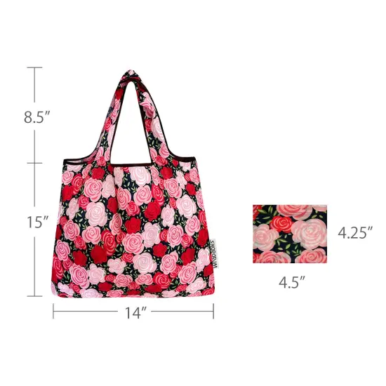 Wrapables Foldable Tote Nylon Reusable Grocery Bag (Set of 2), Pink Roses {2}