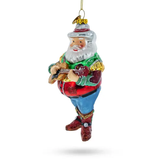 Western Santa with Guitar Glass Christmas Ornament {3}