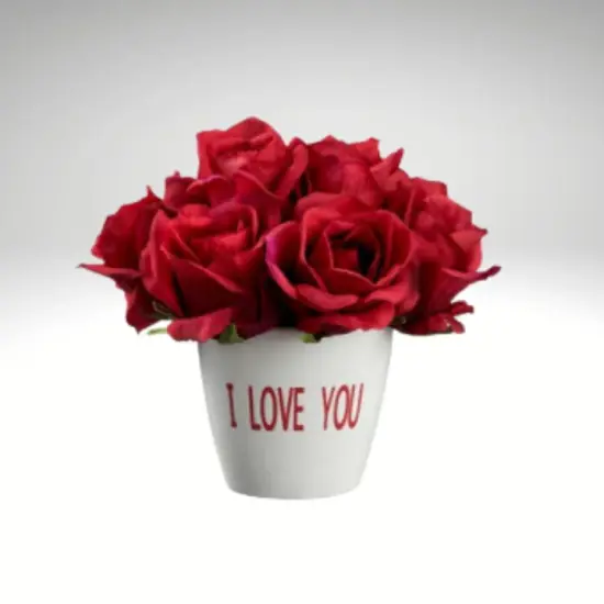 7" Artificial Red Rose Arrangement | "I Love You" Ceramic Vase for Romantic Decor {2}