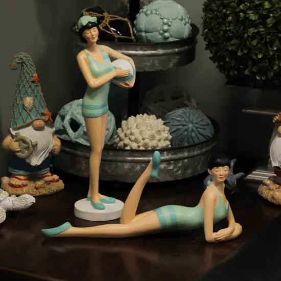 Retro Bathing Beauty Figurine Set – Striped Swimsuits, Coastal Home Decor {5}