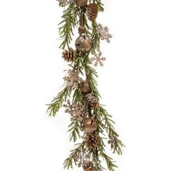 Rusty Glitter Bell & Snowflake Pine Garland 4ft {1}