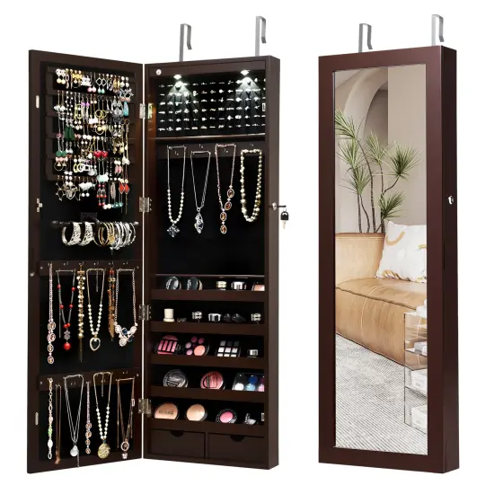 Lockable Wall Mount Mirrored Jewelry Cabinet with LED Lights White {8}