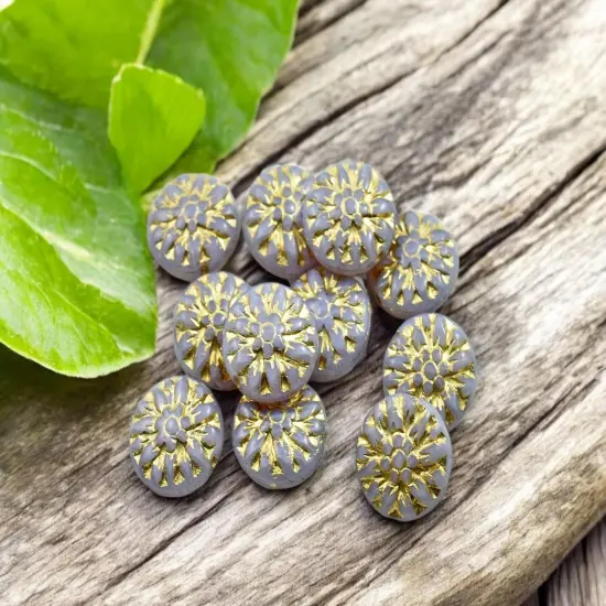 *12* 15mm Gold Washed Lilac Opaline Dahlia Flower Coin Beads {2}