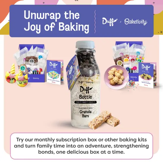 Baketivity Chocolate Granola Mix- Duff in a Bottle Granola Bar Baking Kit for Kids and Adults - Premeasured Ingredients like Oats, Banana Chips, Vanilla Sugar, Unsweetened Coconut, and Chocolate Chips {6}