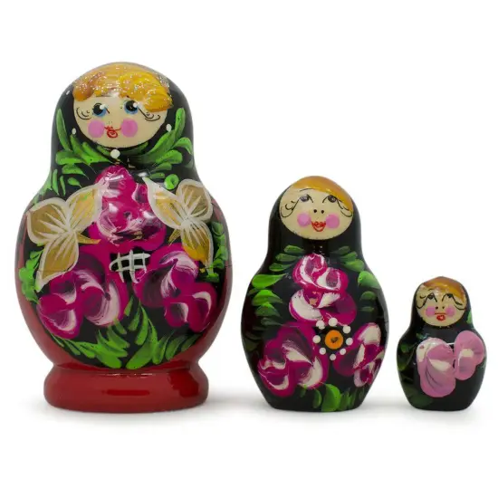 Set of Flowers on Black and Red Dress Nesting Dolls 3.5 Inches {1}