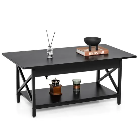 2-Tier Rectangular Coffee Table with Large Storage Shelf and Metal Frame for Living Room Black {8}