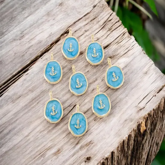 *5* 18x14mm 18k Gold Plated Blue Enamel Anchor Charms {2}