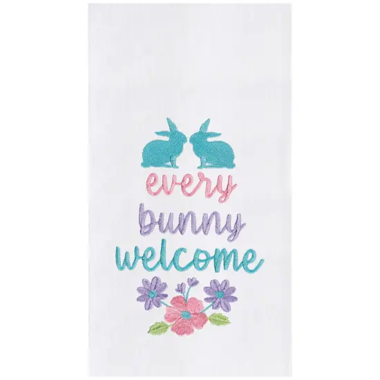 "Every Bunny Welcome" Spring Easter Rabbit Embroidered Cotton Flour Sack Kitchen Dishtowel {1}