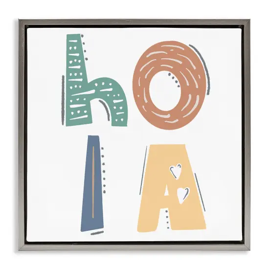Stupell Industries Hola con Tipograf&iacute;a Divertida Framed Floater Canvas Wall Art Gray Floater Frame {1}