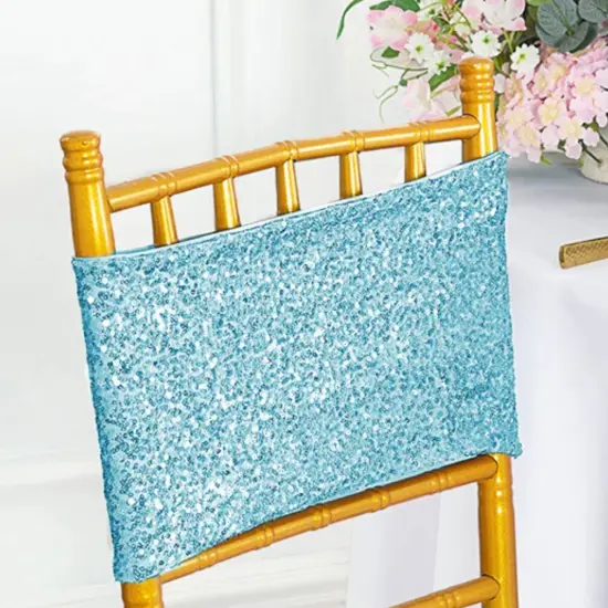10 Pieces Soft Baby Blue Sequin Stretch Spandex Chair Bands 7 x 13 Inches {4}