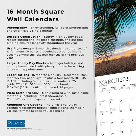 Beaches | 2026 12 x 24 Inch (Hanging) Monthly Square Wall Calendar | Foil Stamped Cover {6}