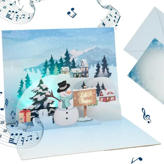 3D Popup Christmas Holiday Greeting Card with Music and Lights, Snowman Let It Snow Scene Design, Handmade - Includes Blank Note Card, Mailing Envelope - Plays Holiday Music {1}