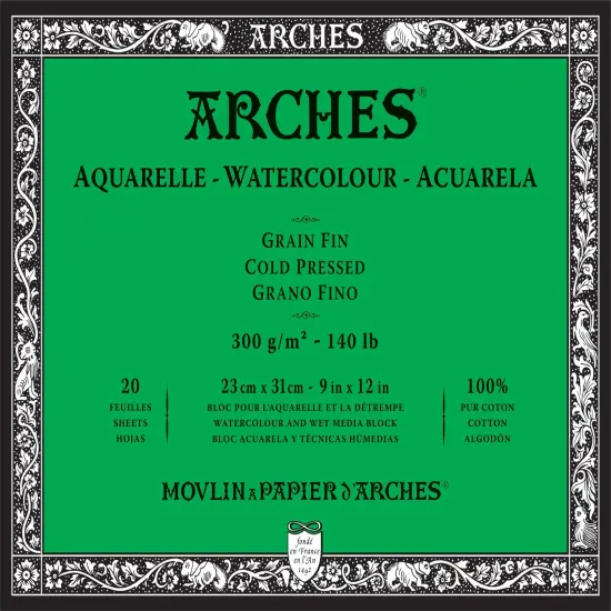 Arches Aquarelle Cold Pressed Watercolor Block 9"X12"- 140lb, 20 Sheets {1}