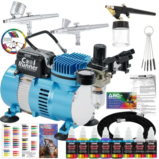 Cool Runner II Dual Fan Air Compressor Airbrushing System with 3 Airbrushes - 6 Primary Opaque Colors Acrylic Paint - How To Guide {1}