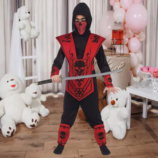 Red Black Ninja Costume for Kids with Skull Mask and Warrior Accessories {1}