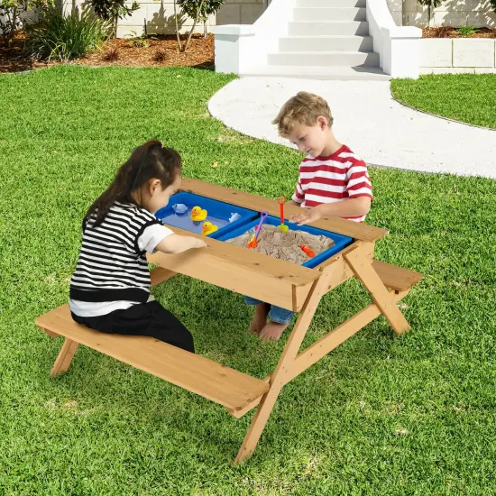 3-in-1 Kids Picnic Table Wooden Outdoor Water Sand Table with Play Boxes {6}