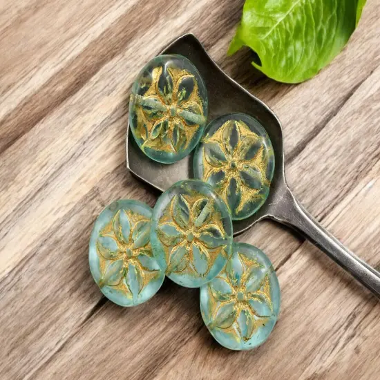 *6* 18mm Gold Washed Green Aqua Hawaiian Flower Coin Beads {4}