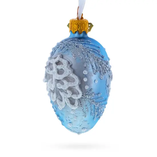 Icy Blue with Silver Pinecone and Snow Design Mini Glass Egg Ornament 2.9 Inches {4}