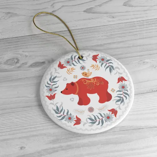 Scandinavian Folk Bear Ornament, Ethnic Floral Elegant Nature Design {4}
