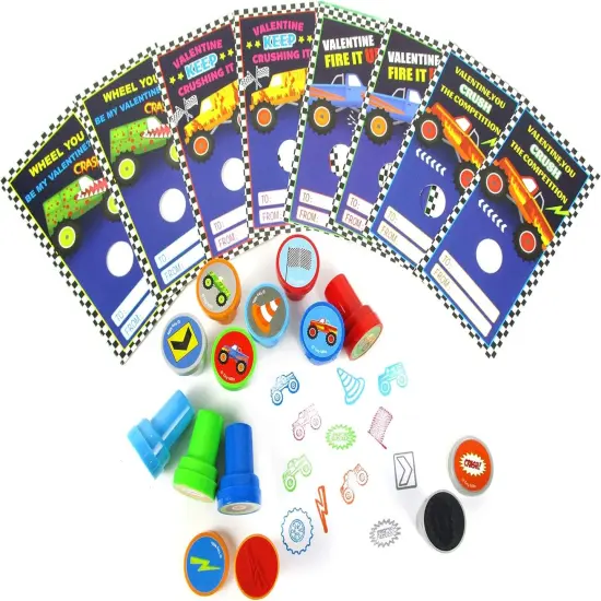 Tiny Mills 36 PACK Monster Truck Cards with Monster Truck Stampers for Valentine's Day Classroom Exchange Favor Prizes {3}