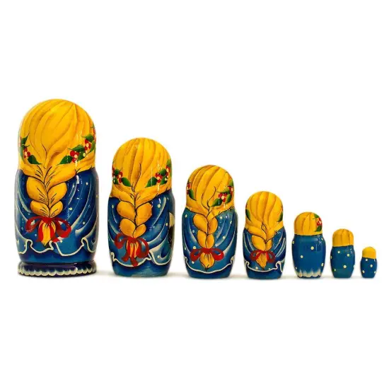 Set of 7 Girls with Cat in Blue Dress Nesting Dolls 8.5 Inches {3}