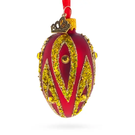 Red with Gold and Green Glitter Flame Design Mini Glass Egg Ornament 2.9 Inches {1}