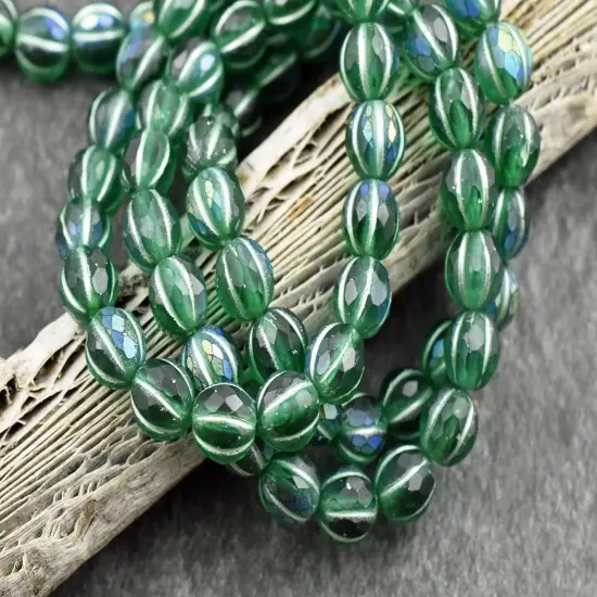 *20* 8mm Green Washed Matte Emerald AB Faceted Round Melon Beads {3}