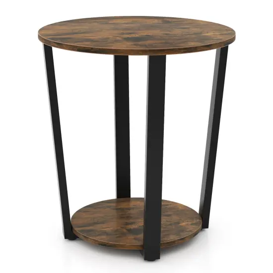 2-tier Round End Table with Storage Shelf and Metal Frame Walnut {7}
