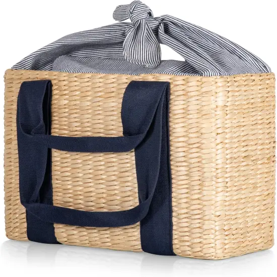 Parisian Picnic Basket, Insulated Seagrass Picnic Basket, Waterproof, Stylish, Perfect for Picnics, Beach, Office Lunches, Dinner Parties, and Gifts (Beige with Navy Blue Accents) {2}