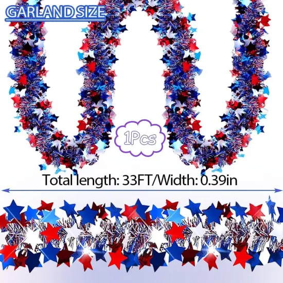 33 Ft Red White Blue Star Tinsel Garland for 4th of July Decorations {3}