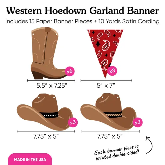 Big Dot of Happiness Western Hoedown Garland Banner, Wild West Cowboy Party Decorations Banner, 30 Feet of Cord, 15 Double-Sided Cowboy Hats, Boots, Red Paisley Bandana {5}