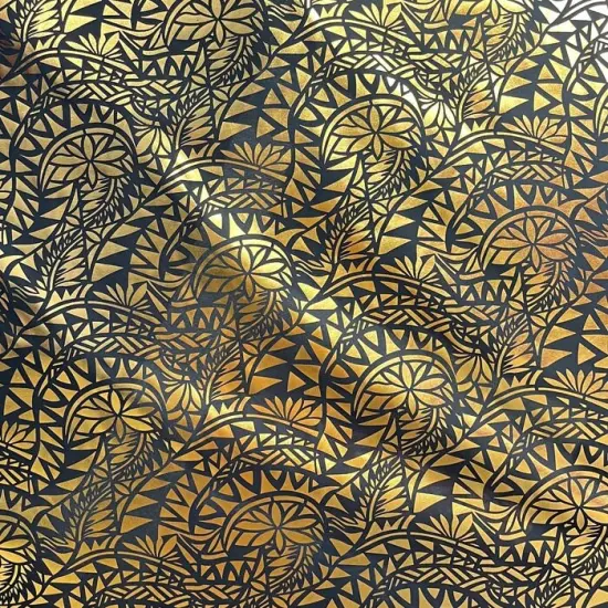 1 Yard Traditional Polynesian Tattoo Water Lily Design Fabric, 100% Polyester Foil, 36in L x 60in W Black & Gold {2}