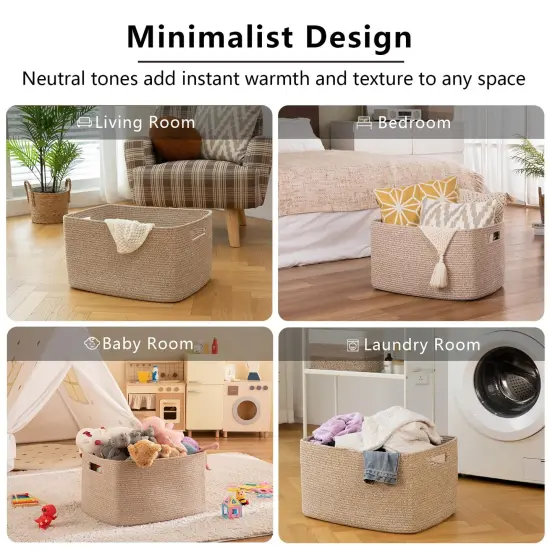 OIAHOMY Cotton Rope Basket, Rectangle Woven Nursery Blanket Basket, Toy Storage Basket with Handle, Baskets for Organizing, 18”x14”x12”, Brown variegated {4}