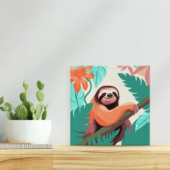 Figured'Art Mini Paint by Numbers Kit for Adults with Frame Tropical Sloth Small format 8"x8" - Craft Art Painting DIY Canvas Already Stretched on a Wooden Frame {2}
