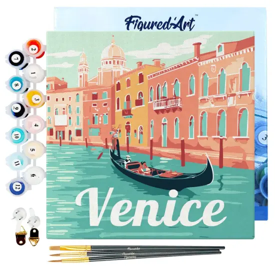 Figured'Art Mini Paint by Numbers Kit for Adults with Frame Travel Poster Venice Small format 8"x8" - Craft Art Painting DIY Canvas Already Stretched on a Wooden Frame {1}