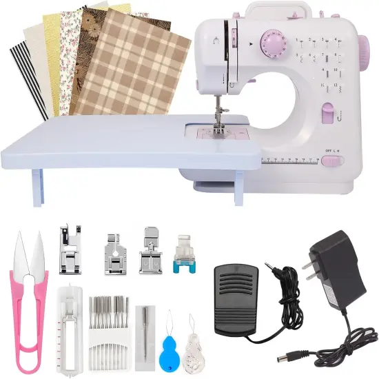 Sewing Machine for Beginners with Extension Table and Sewing Supplies Set,Portable Kids Sewing Machine with Foot Pedal,2 Speeds/12 Stitch Patterns/Tangential Barrel Seam Function/Light/Drawer {1}