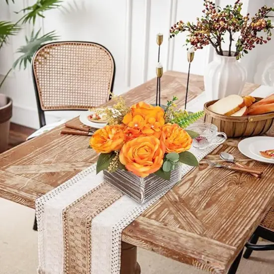 Artificial Flower Arrangement, 8'' Orange Roses Peonies Hydrangeas in Wooden Planter, Rustic Fake Flowers in Pot for Home Decor Living Room - 1PC {3}