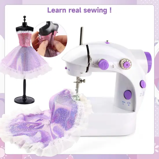 Mini Sewing Machine for Beginners - 240 Pieces Fashion Designer Kit with Portable Sewing Machine for Girls, DIY Doll Clothes Making Kit with 2 Mannequins, Creativity Gift Toy for Kids {4}