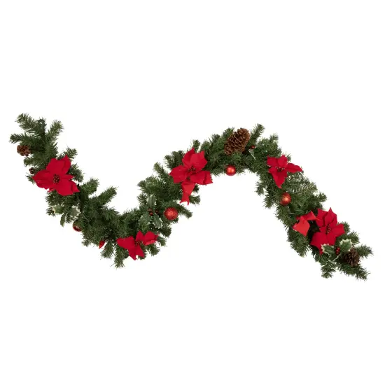 Northlight 6' x 9" Red Pre-Decorated Poinsettia and Pine Cone Artificial Christmas Garland - Unlit Green {1}