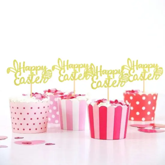24 Pack Happy Easter Cupcake Toppers for Spring Party Decorations Cake Picks Cake Food Decor Appetizers Toothpicks Party Supplies Gold {3}