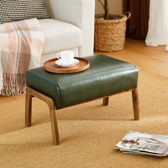 Mid-century Modern Leatherette Accent Stool with Walnut Rubberwood Legs {1}