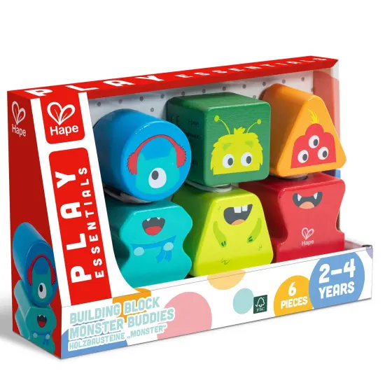 Hape: Building Block Monster Buddies - 3 Colorful Wooden Block Monster Characters, Match Head & Body Pieces, Twist-On Pieces, Toddlers & Kids Ages 2+ {4}