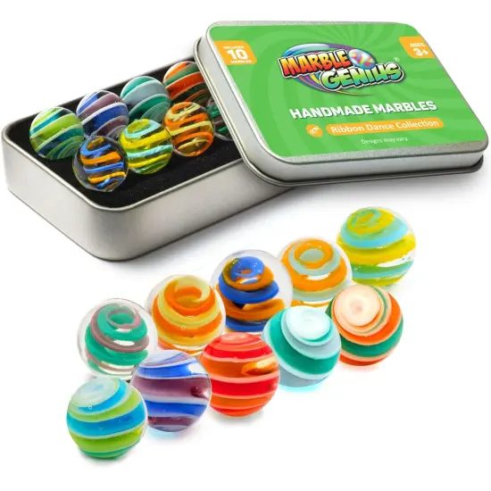 Marble Genius Collectors Marbles, Ribbons, 16mm (⅝ Inch), 10 Handmade Glass Marbles, Gifts for Marble Lovers, Gifts for Kids Ages 3-14 {1}