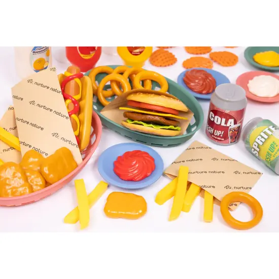 NurtureNature: Imaginative Minds - Fast Food Set - 56pc Toy Food, Burger, Fries, Hot Dog, Soda, Condiments, Kitchen Pretend Play Accessories, Kids 3+ {6}