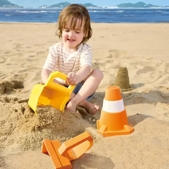 Hape: Sand Construction Playset - 4pc Beach Toy Set, Digger Bucket, Bulldozer Shovel, Safety Cone, Indicator, Scoop & Dig, Water Play, Kids Ages 3+ {5}