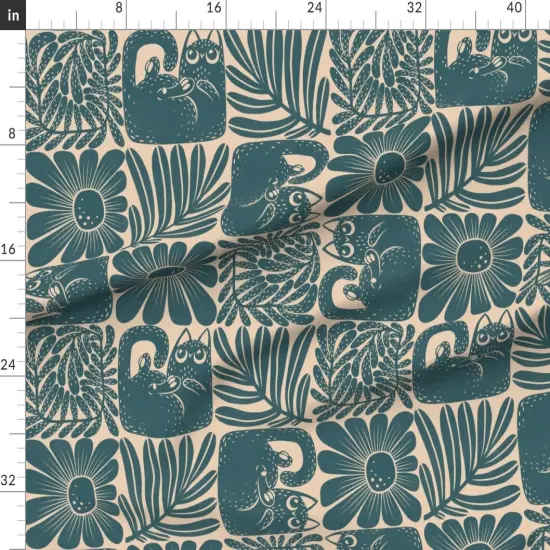 Various Fabrics by the Yard or Fat Quarter Teal Block Print Retro Petrol Floral Cat Cream Squares Modern Leaves Custom Printed Fabric by Spoonflower {1}