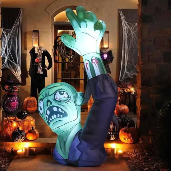 GOOSH 5FT Halloween Inflatables Zombies Blow Up Yard Terror Green Zombies Raise Hands with Built-in LEDs {2}