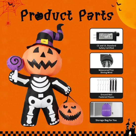 GOOSH 6 FT Halloween Inflatable Pumpkin Skull Body Blow Up Yard Pumpkin with Built-in LEDs {6}
