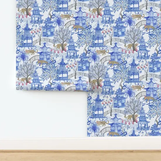 Peel & Stick Wallpaper 2FT Wide Pagoda Forest Chinese Chinoiserie Lanterns Leopard Blue White Toile Cobalt Asian Trending Custom Removable Wallpaper by Spoonflower {2}
